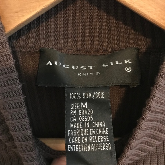 August Silk 100% Silk Mock Neck Short Sleeve Top Chocolate Brown Ribbed - Picture 3 of 7